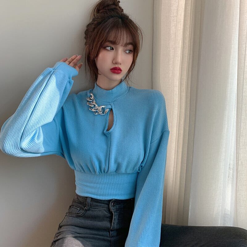 スタイルラウンドネックセーター オータムスタンダードチェーン トップス ロング レトロ 秋物 Oネック ガールズファッション77573934053