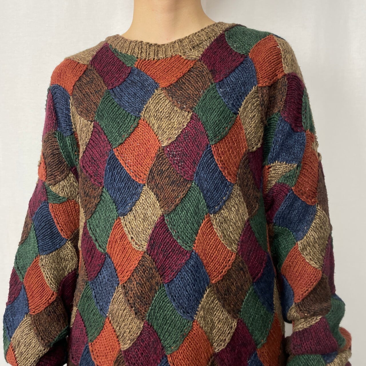 SALE 古着 ビンテージ  90s パッチワーク ニット セーター 美品 90年代 northern isles パッチワークパターン ラミー×コットン ハンド