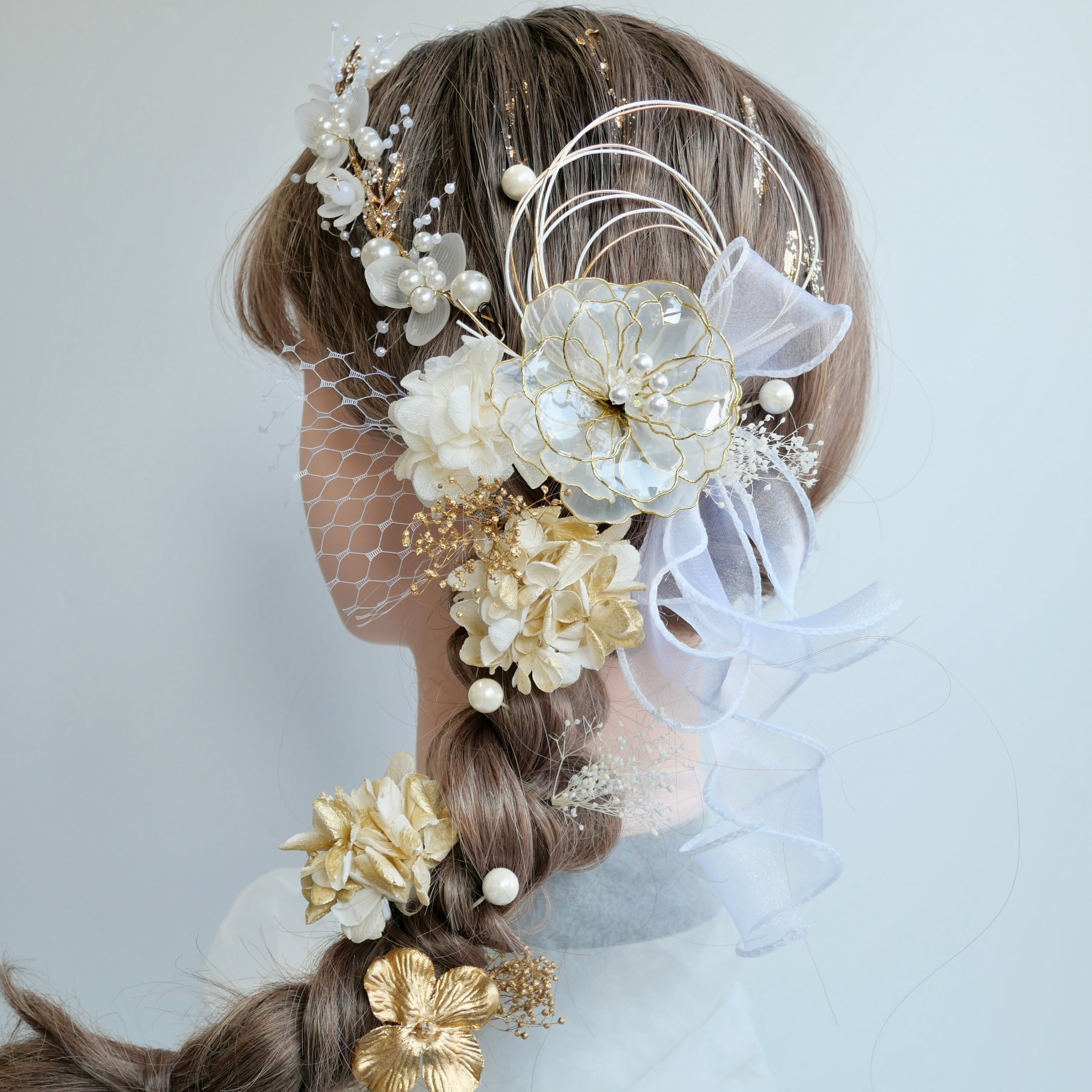 A011 パールカチューシャ アメリカンフラワー ドライフラワー パール 髪飾り 白 ゴールド 卒業式 袴 成人式 振袖 結婚式 和装