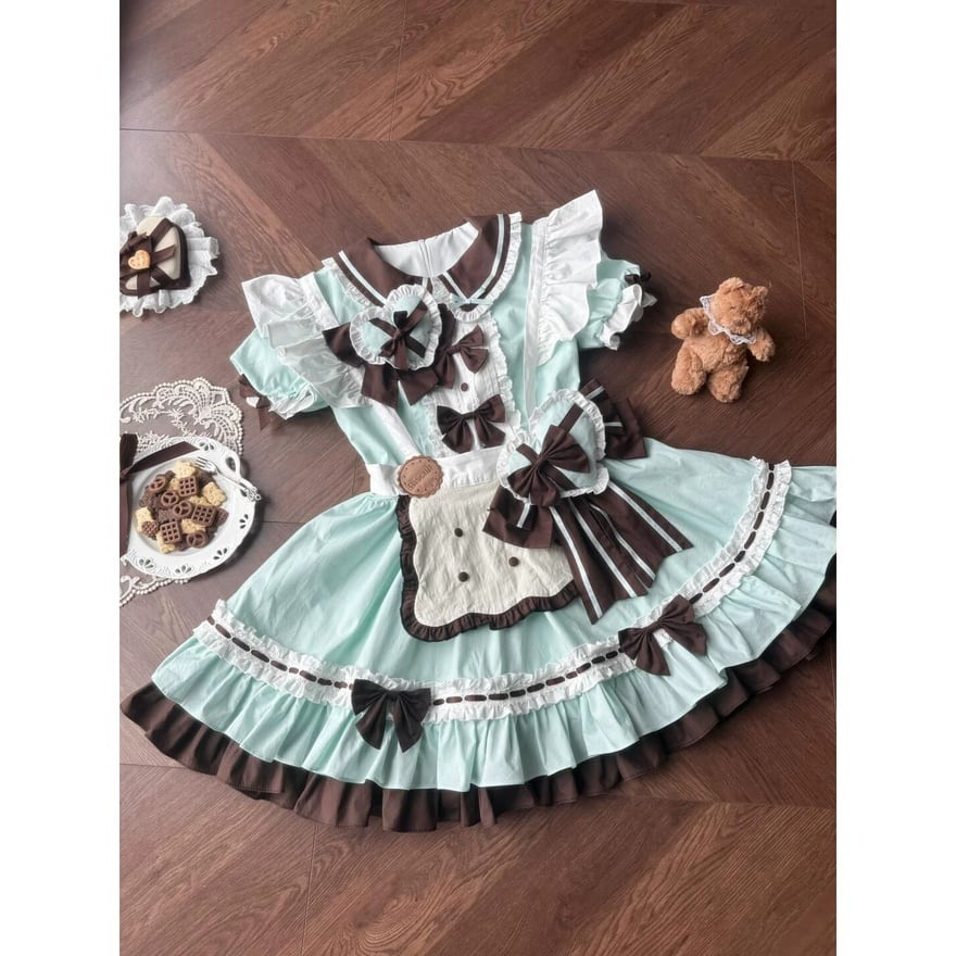 ロリータファッション ゆめかわいい チョコミントカラーフリルメイド服