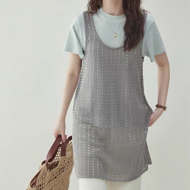 ノースリーブ ロング丈 ニット ワンピース L1094