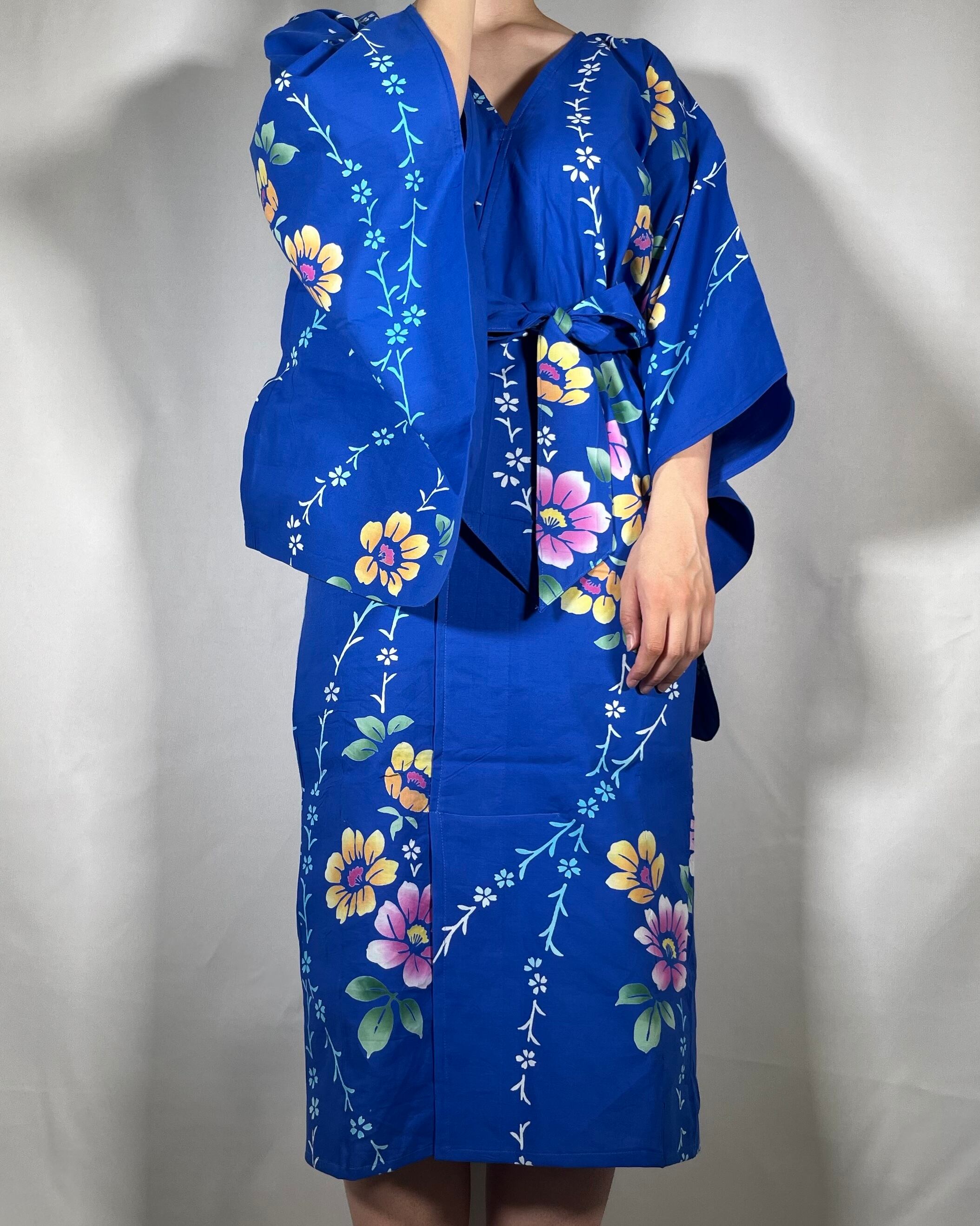 本染浴衣綿紬リメイクワンピース ハンドメイドロンググレー白