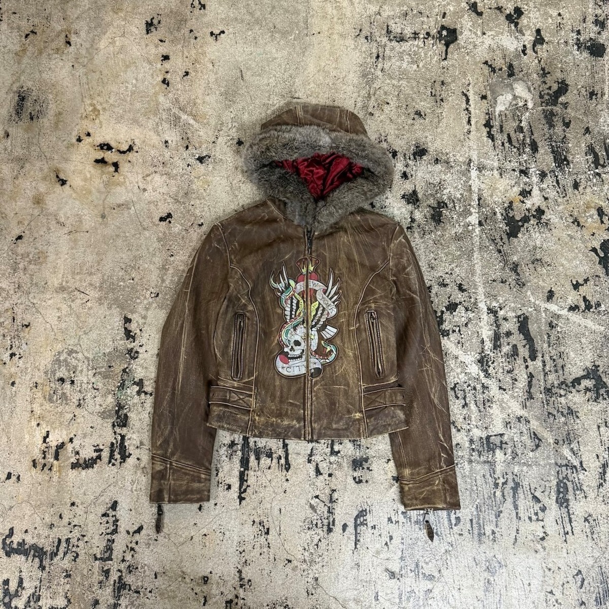 00s ED HARDY FUR HOODED LEATHER JACKET | GALAXIES