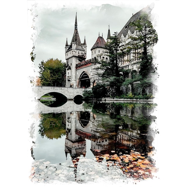 絵画 風景画(街並み)  ハンガリー  ブタペスト ヴァイダフニャディ城 インテリアアート額付き 水彩画・油絵風 WAT1057