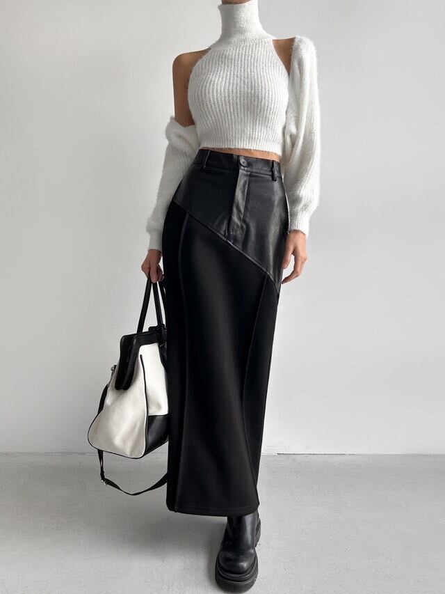 レザーパッチワークロングタイトスカート | sharmant