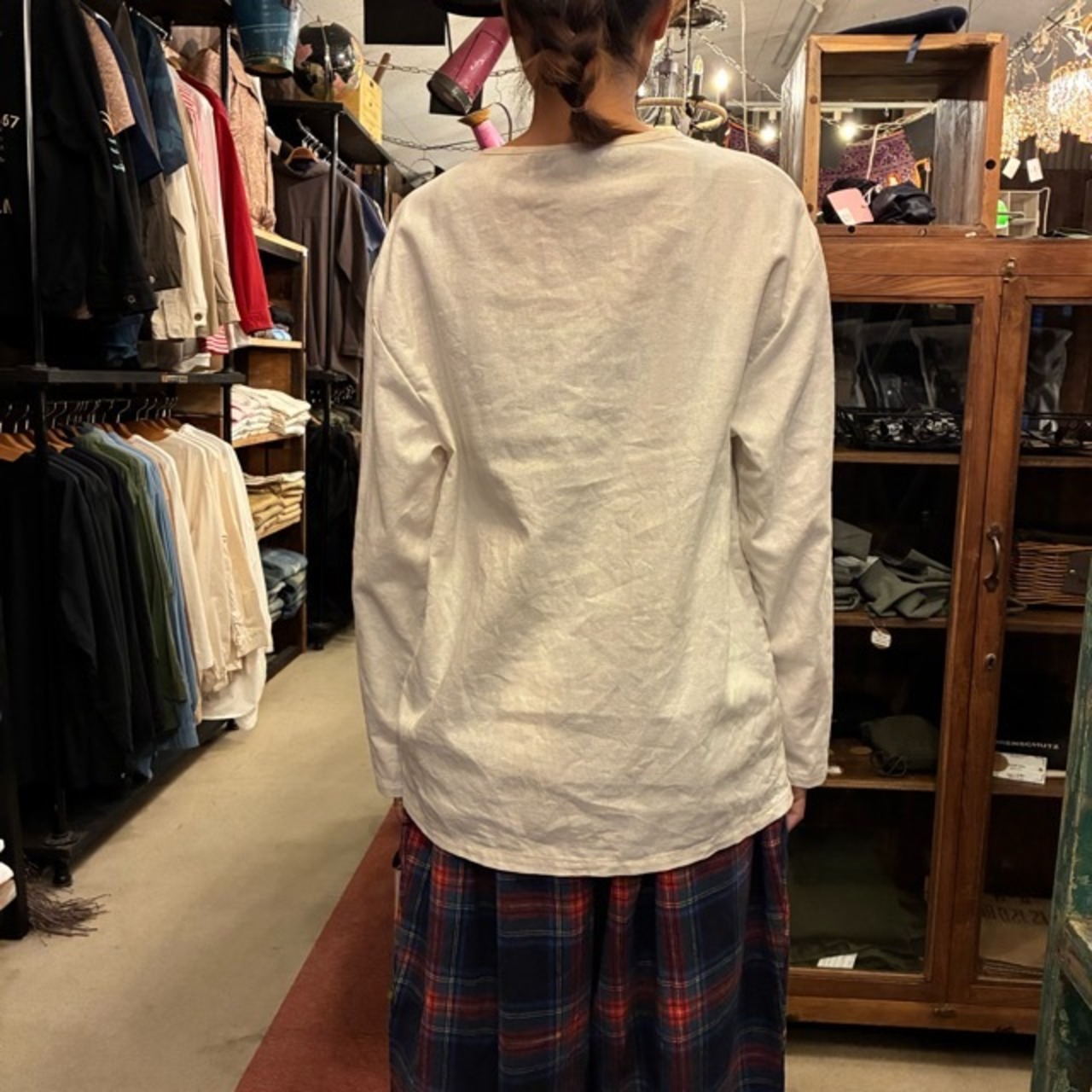 French type Linen cotton Henley shirt L/S White　フランスタイプ　リネンコットンヘンリーネックシャツ　ホワイト　L/S　ファッション　ユニセックス　軍物　フランス軍　ミリタリー　長袖　インナー　ブラウス