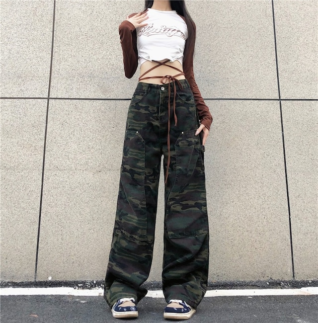 【韓国通販 dgo】ユニセックス カモフラージュ ストレートパンツ(M3536）センス溢れるファッションitem私らしい、旬のミリタリー