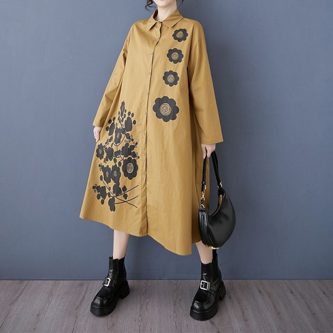 フラワー柄 プリント シャツワンピース 00318