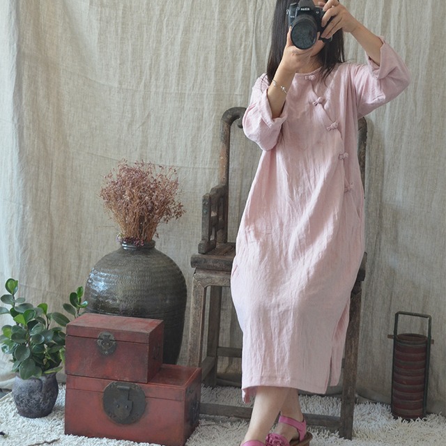 スタンダードロングジャカードルーズ コットン レトロ スカート Oネック Yiranxuaディースワード53791972859