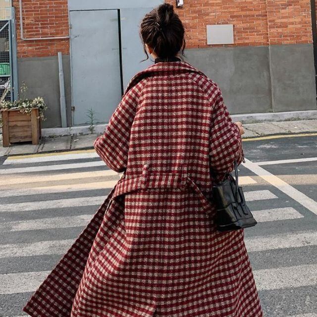 予約販売】チェック コート ロング丈 襟 ビックシルエット ウール