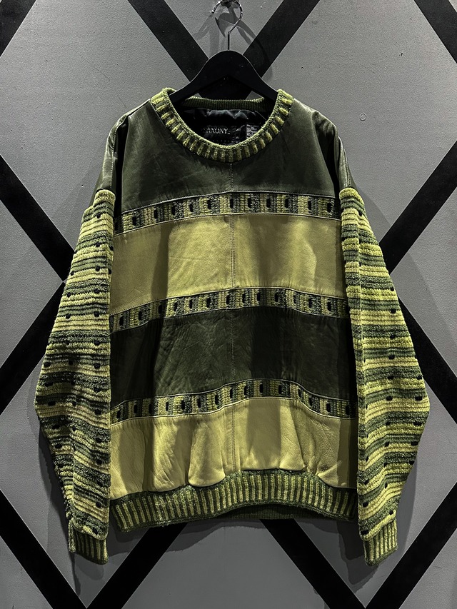 【X VINTAGE】“SAXONY” Leather Switching Design Loose 3D Knit Sweater