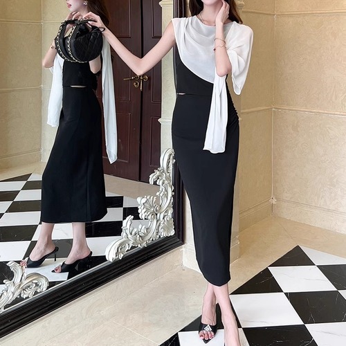 【2点セット】2色／ショールコンビトップス＋スカート ・11359