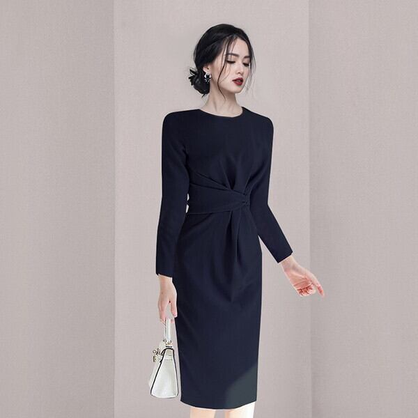 新作 21年 ワンピースドレス ワンピース 秋 ワンピース 長袖 長袖ワンピース レディース タイト ワンピース タイトワンピ ハイウエスト ワンピース 膝下ワンピース 膝丈ワンピース ウエストギャザーワンピース 上品ワンピース きれいめ 綺麗めワンピース ネイビー P7759