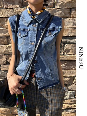 denim casual stand-collar vest 2color【NINE7493】