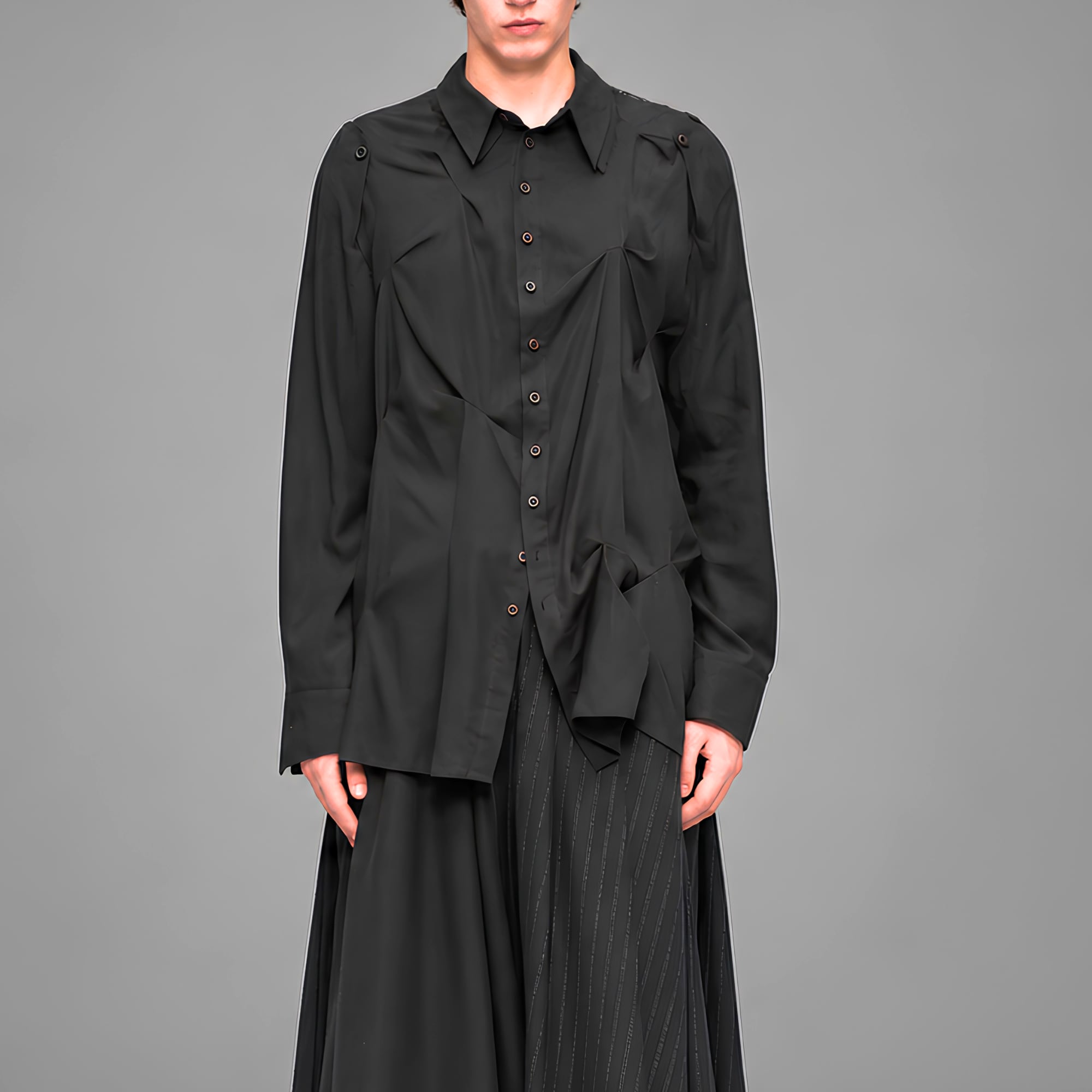 【ORV0107】Irregular Pleated Lyocell Long-Sleeve Shirt