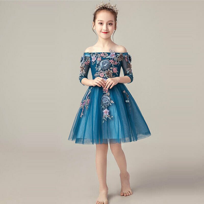 子どもドレス ボートネック 刺繍 五分袖 キッズドレス フォーマル用 ピアノ発表会 結婚式 入園式 卒業式 子供服 女の子 ワンピース ブルー Elegant