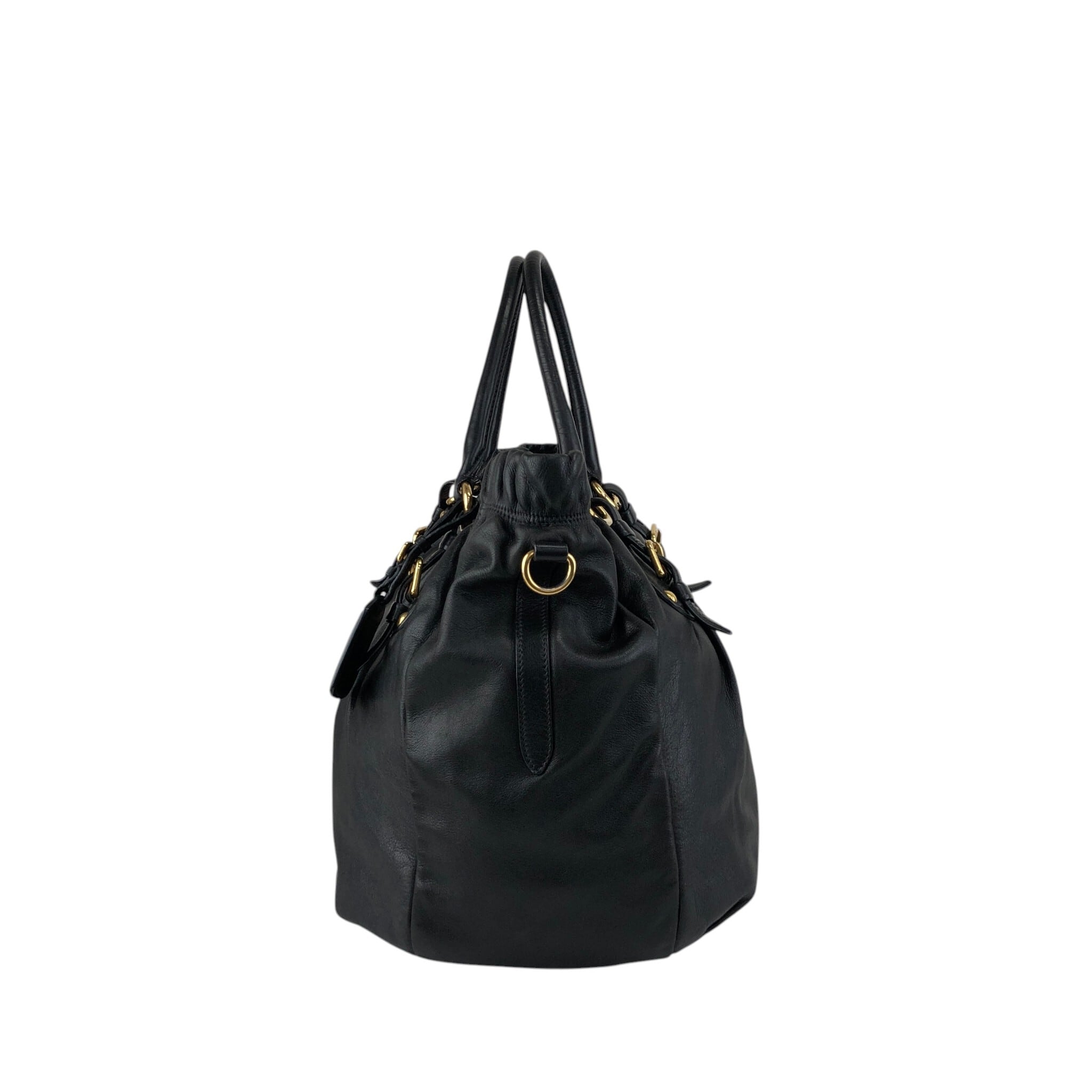 PRADA プラダ ハンドバッグ ブラック ロゴ レザー ギャザー 2way