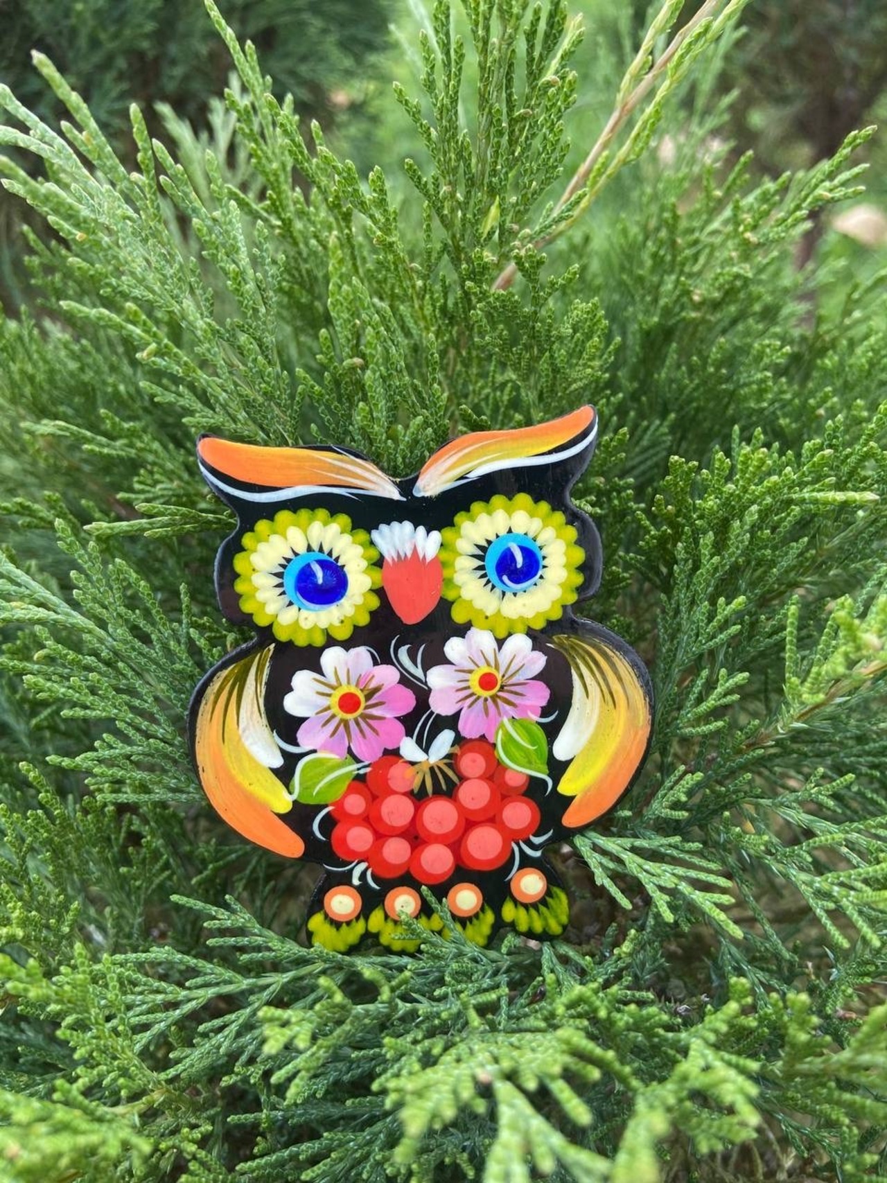 ペトリキフカ塗りのマグネット 梟（Khomenko製作） - 2