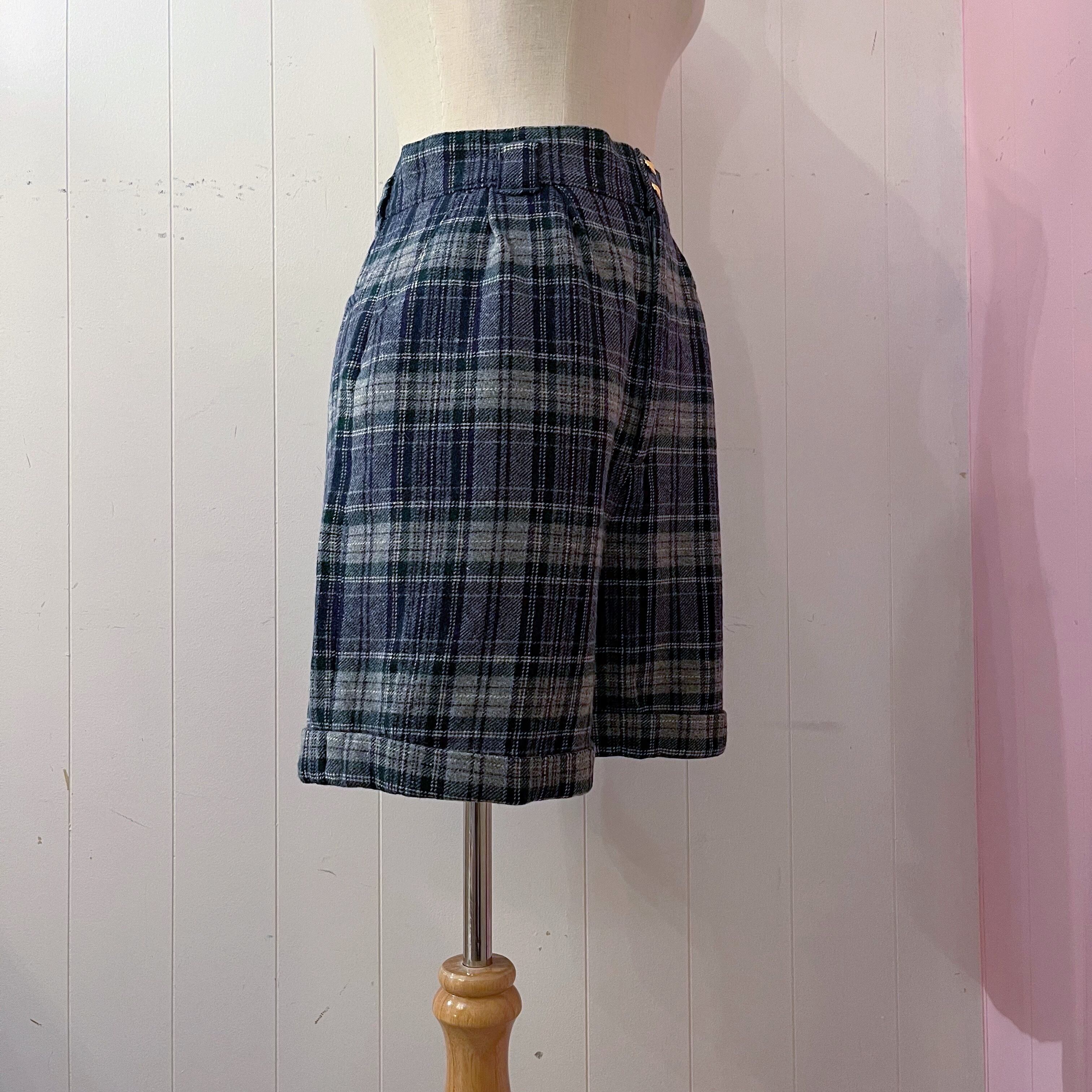 gold button blue check pants