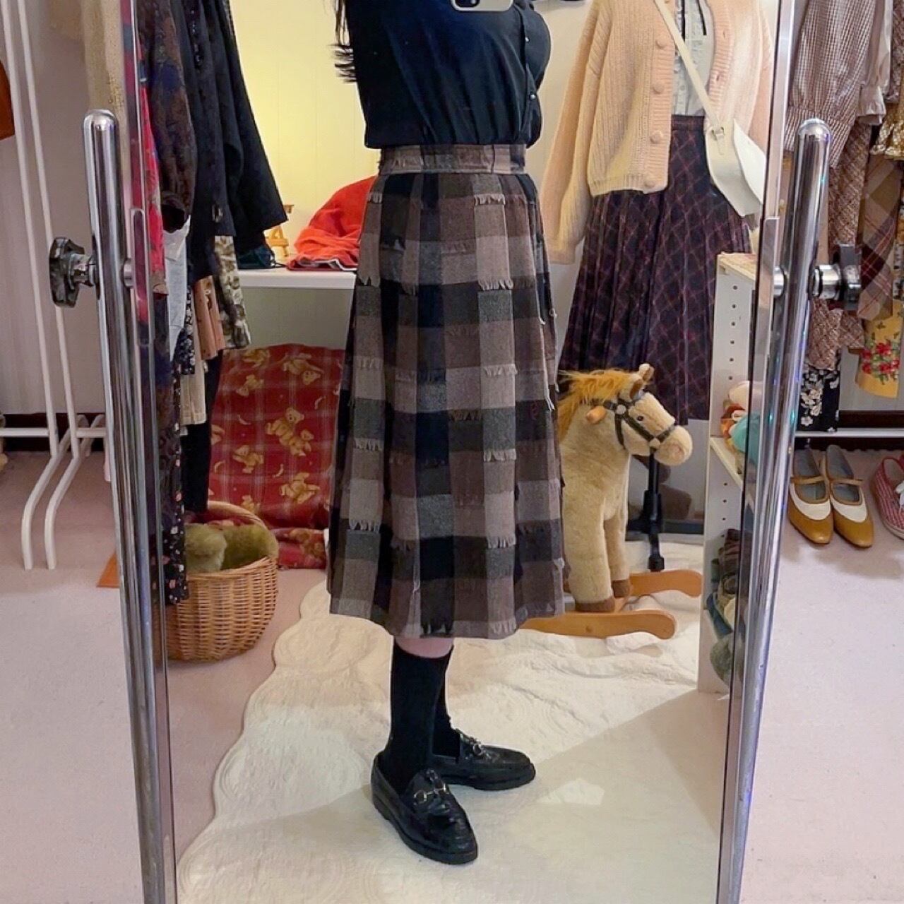 block check fringe wool skirt