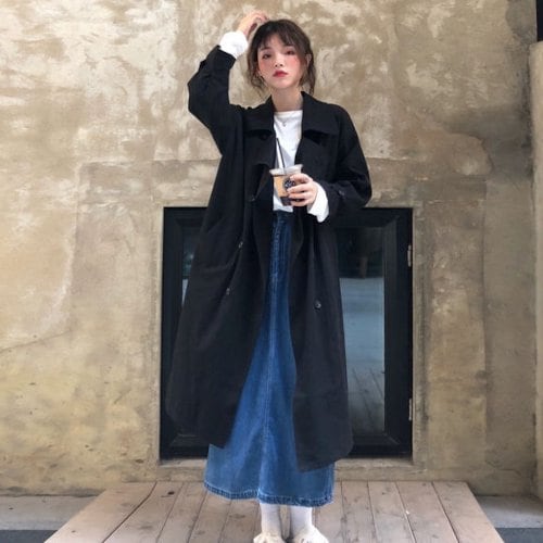 トレンチコート レディース アウター 黒 ロングコート 韓国