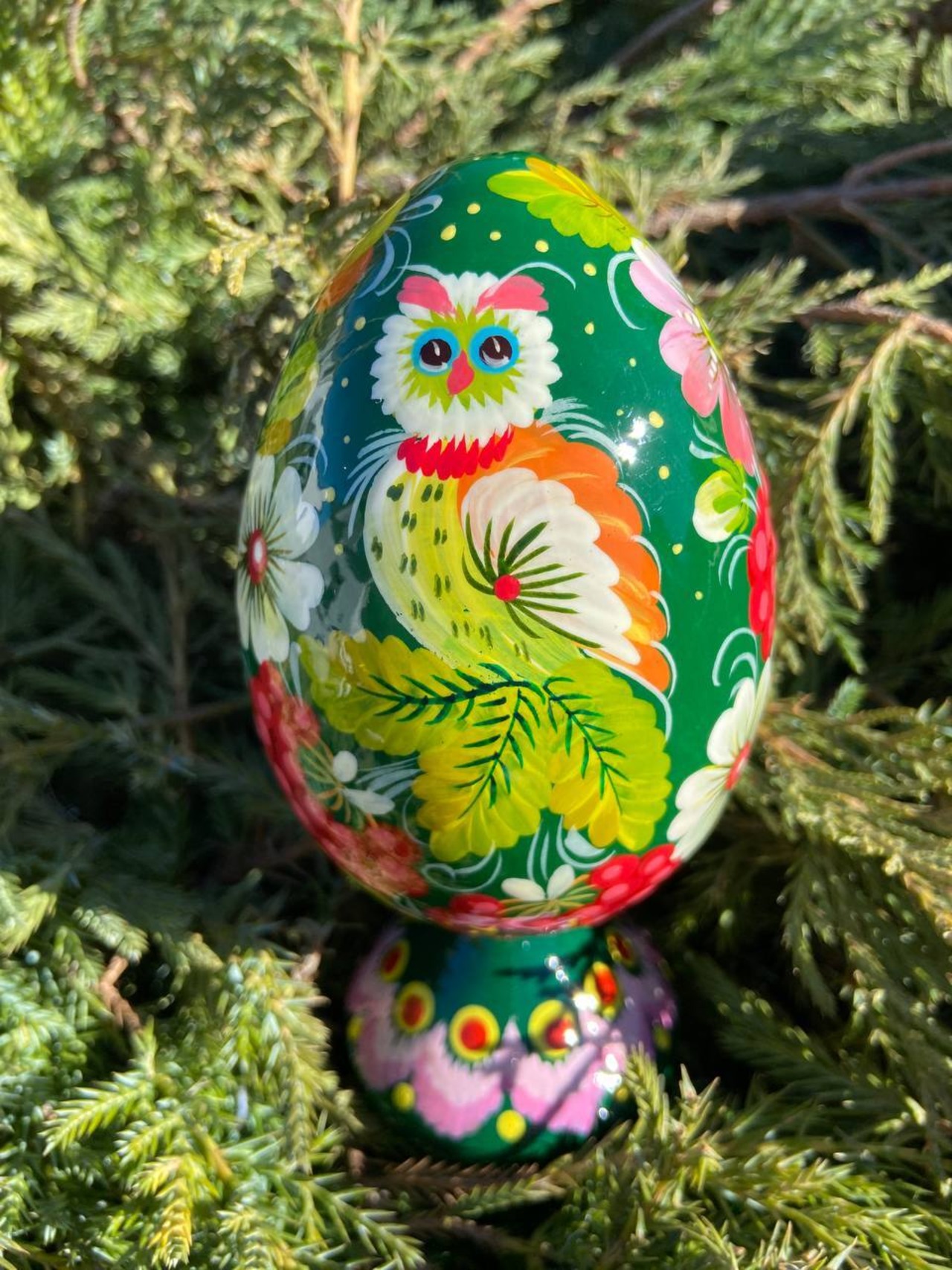 ペトリキウカ塗り　木製プィサンカ・スタンド一体型（イースター・エッグ）14cm（ホメンコ作） - 3