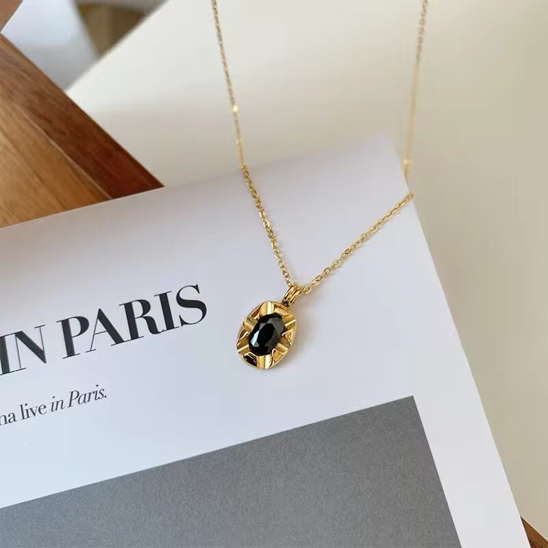 金アレ対応 316L ブラックストーンネックレス(0779)