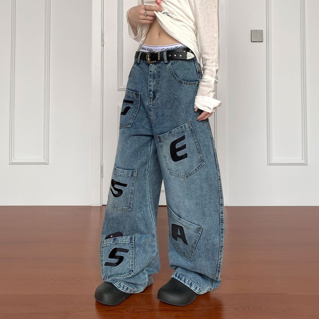 レタリングポケットデザインワイドデニムパンツ R00800