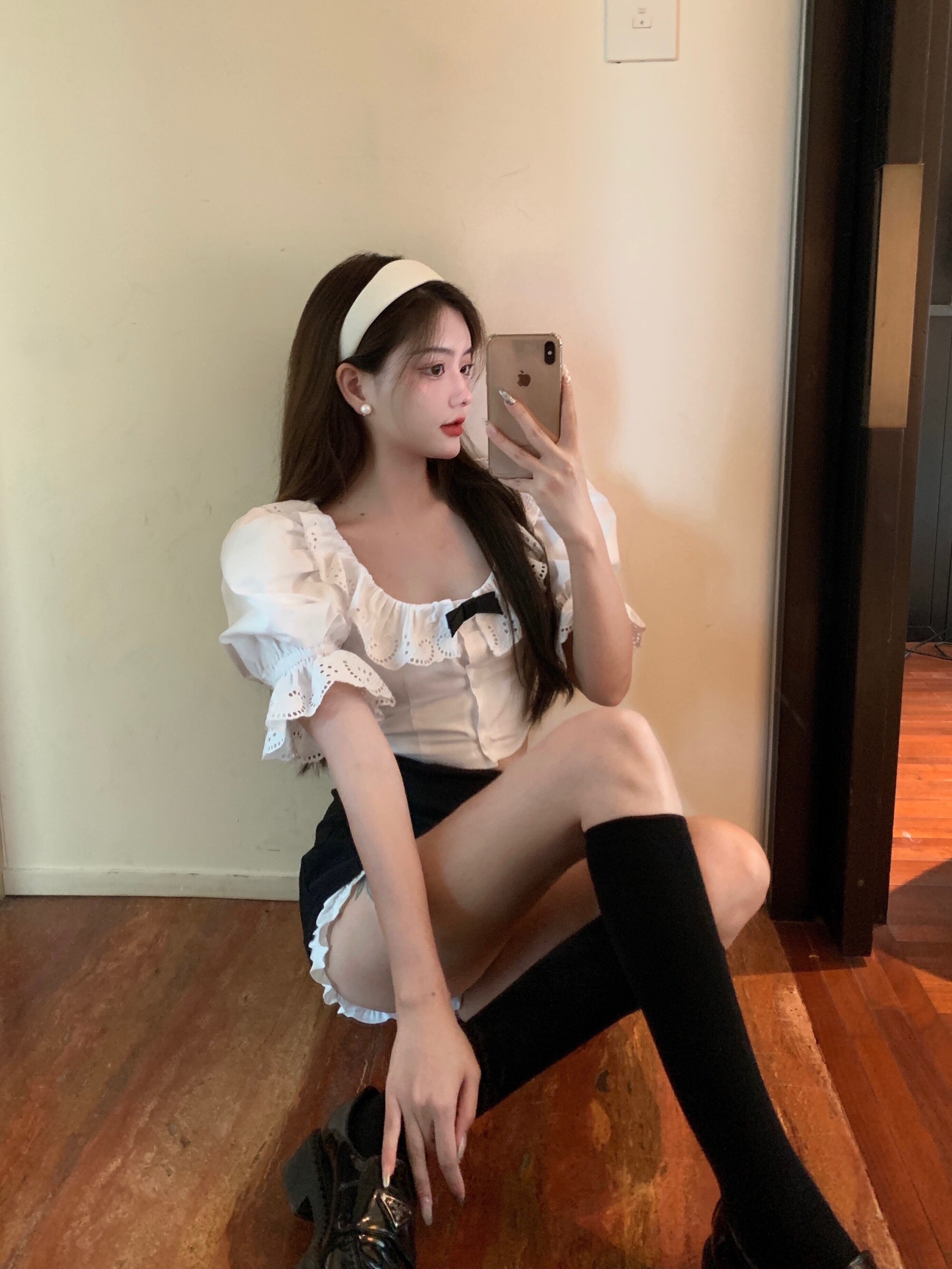 リボンスリーブレースシャツ スクウェア ガールズファッション5908235980