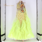 社交ダンス 衣装 スタンダードドレス ワンピース ドレス グリーン系 イエロー系 黄緑 黄色 蛍光 フロート レース フリル デモ 競技 ダンス パーティ 発表会 華やか 明るい色 衣装 発表会用