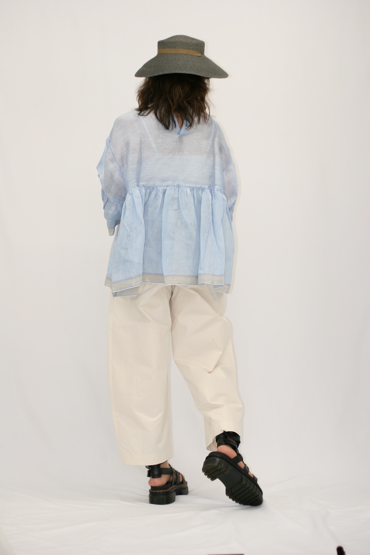 BUNON(ブノン) Wide Sleeve Frill Dress リネンシルク ワイドスリーブブラウス B BLUE
