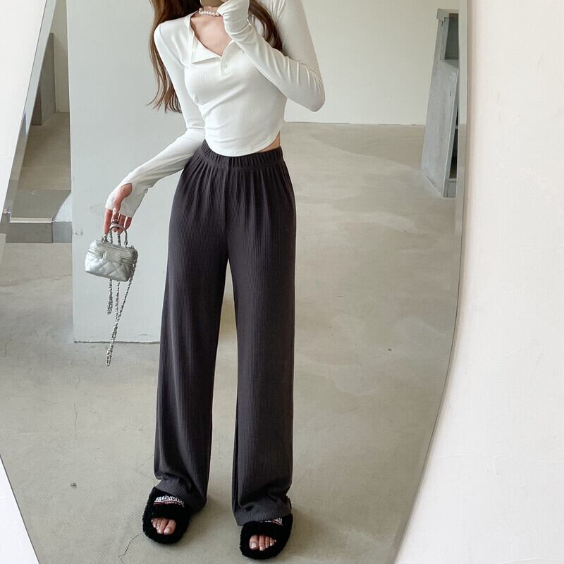 ニットパンツ オータムハイウェストカジュアルルーズ薄手ソリッド カラー 秋物 ソリッドカラー ガールズファッション37485379704