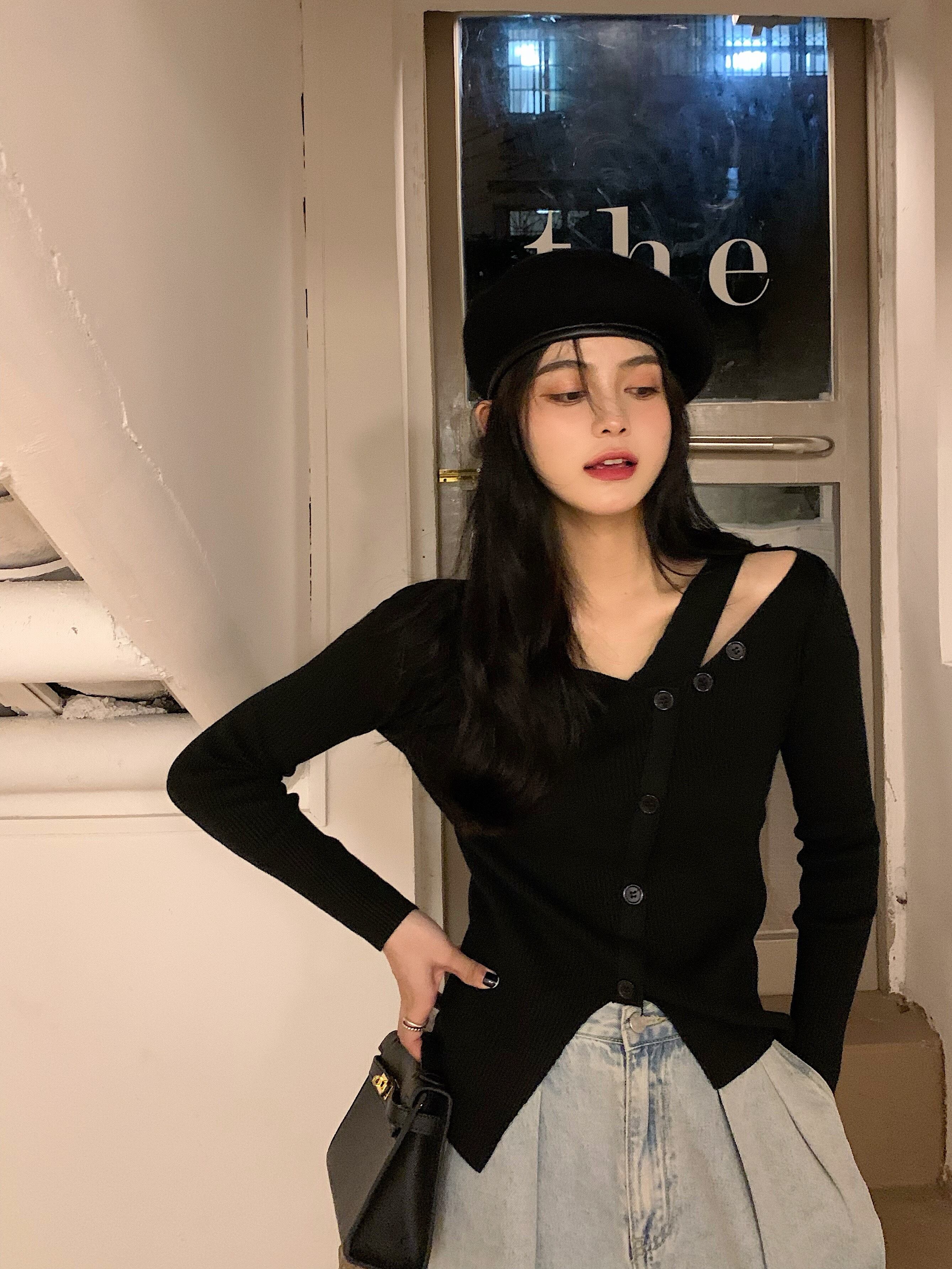 スリムVネックセーター オータムブラウス カーディガン ロング 秋物 モンロー641000001