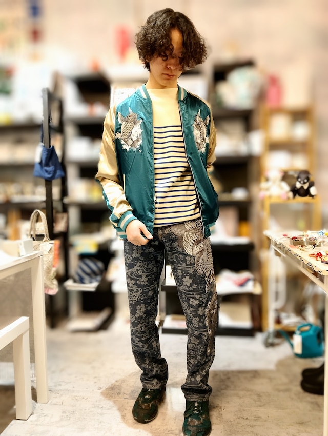 鳳凰柄刺繍オリジナルジャガードデニム パンツ インディゴ 花旅楽団-SP-550