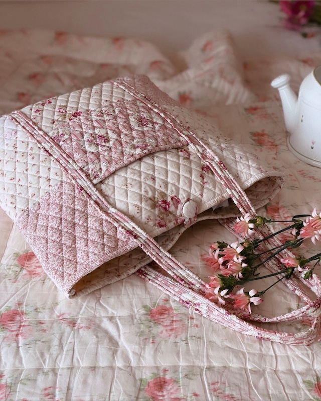 France Vintage Pink Floral Quilted Patchwork Tote Bag