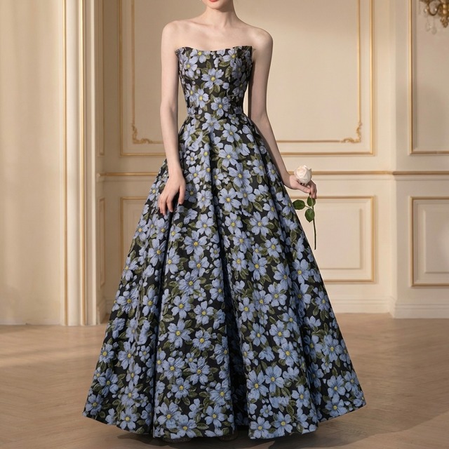 ブルーフラワー AラインベアトップドレスR 1599