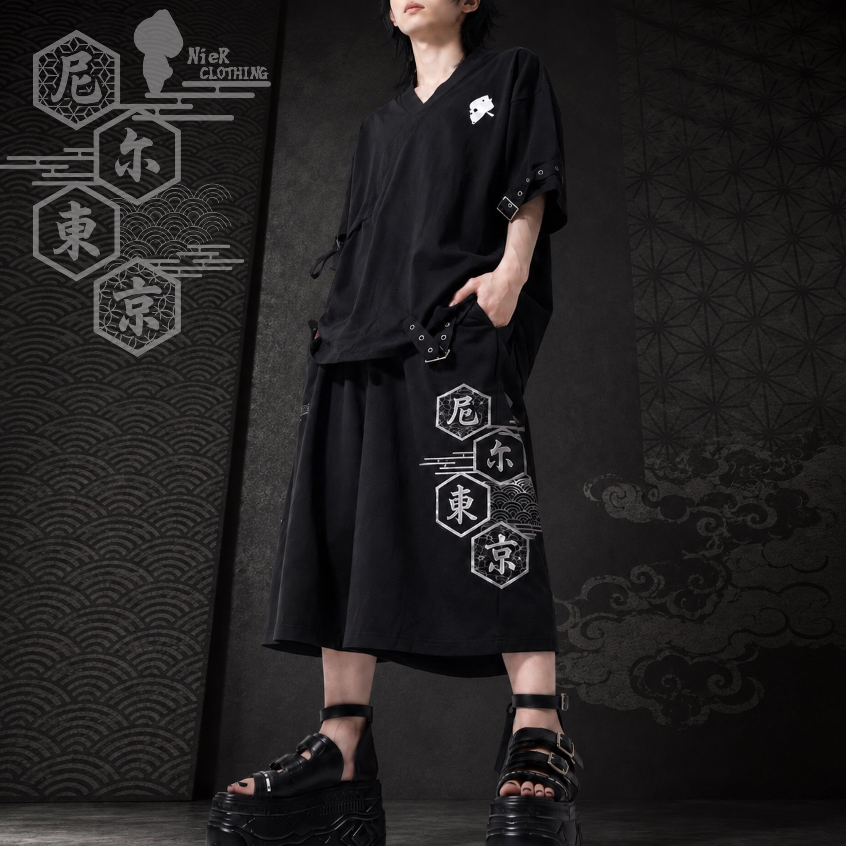 和柄刺繍クロップド丈WIDE PANTS【BLACK】 | NIER CLOTHING