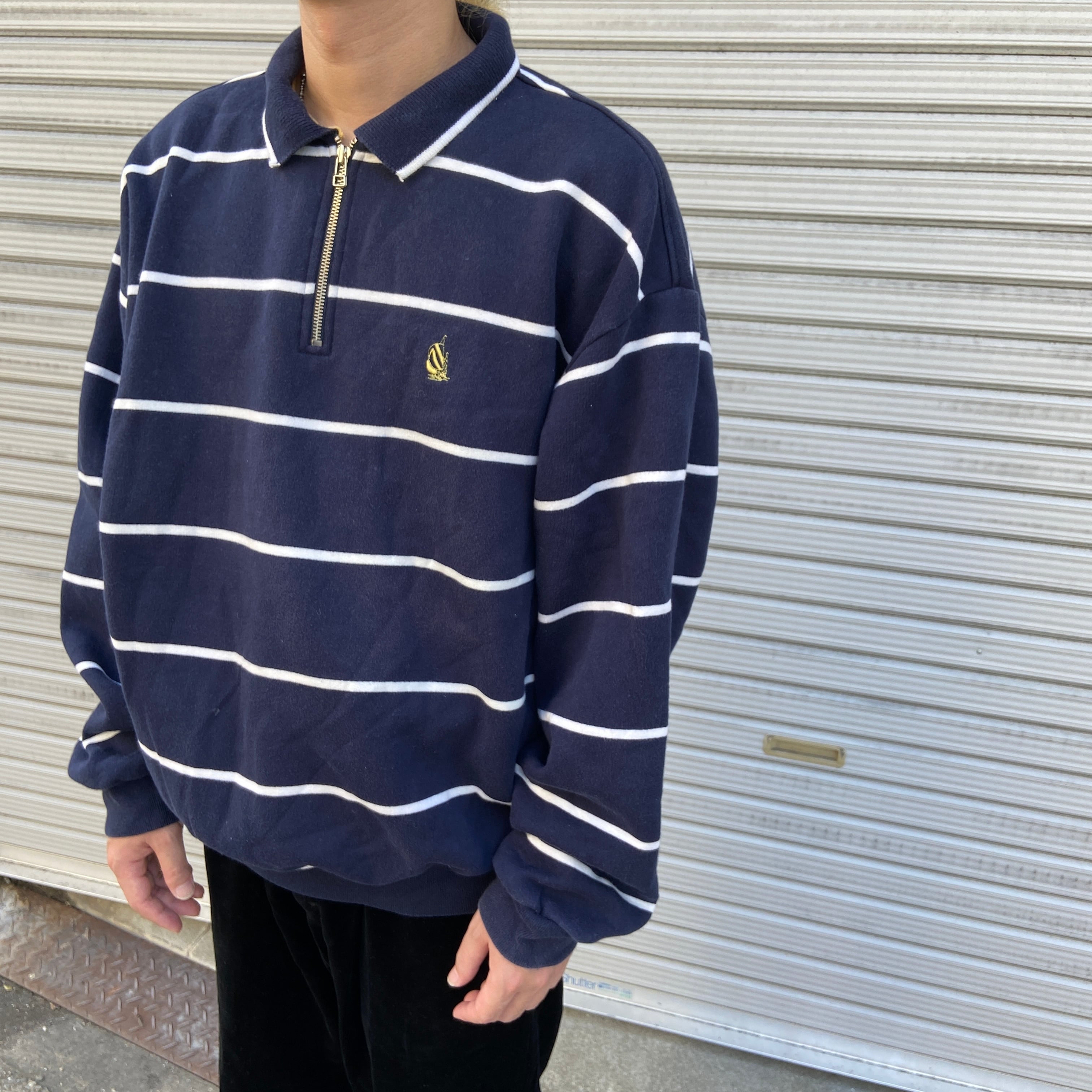 90s nautica ボーダー柄ハーフジップスウェット ネイビー L 白 | 古着屋 Uan powered by BASE