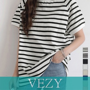ボーダーTシャツ 半袖チュニックTシャツ 綿混tシャツ クルーネックカットソー プルオーバー着やせ夏トップス おしゃれカジュアル シンプルロングtシャツ ゆったりTシャツ 半袖VEZY ベジー ItemNo.【23033086】