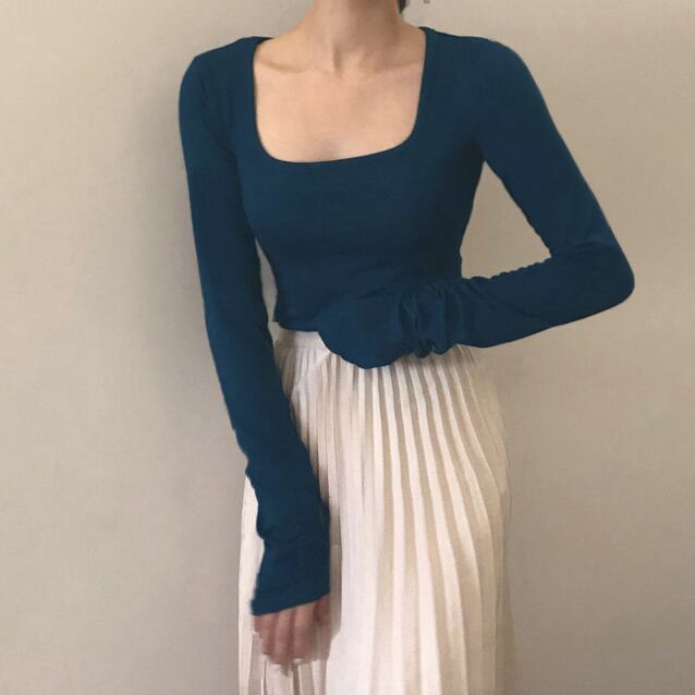 スタンダードブルーブラウス ショートカラーニット サマー ロング レトロ 夏物 スクウェア YY-ファッション136861394