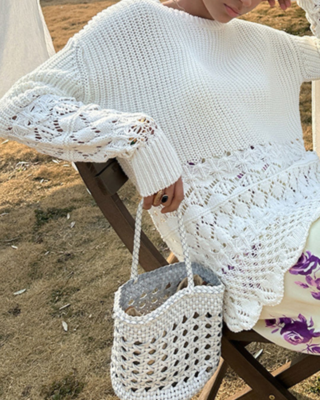 クロシェ編みコットンルーズニットトップス A25006