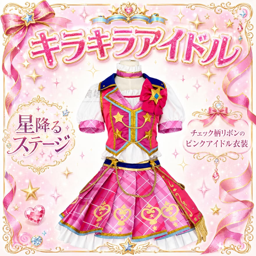 キラキラアイドル 星降るステージ チェック柄リボンのピンクアイドル衣装