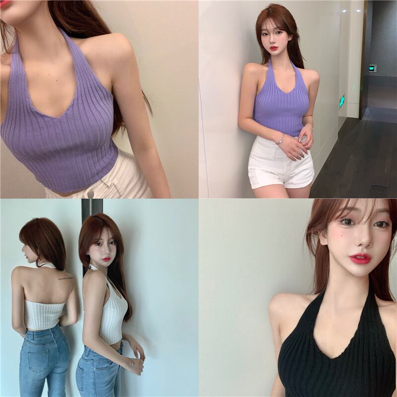 ニットベストレディース2020年夏新作アウターホルターホルタースリングトップノースリーブインナーボトミングシャツ ブラックストロベリース4162699079