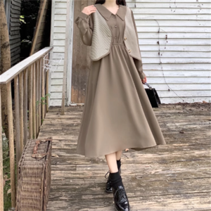 【送料無料】 ワンピース ベスト 2色 2点セット ロング ミモレ 長袖 Vネック Aライン フレア ボタン 可愛い 大人可愛い きれいめ シンプル カジュアル シック コンサバ 華やか 大人 上品 おしゃれ お洒落 レトロ こなれ感 高見え 高級感 重ね着 レイヤード 無地 春 秋 オールシーズン シーズンレス レディース 女性用 ママ 20代 30代 40代 オフィス ビジネス OL 通勤 デート お出かけ 女子会 お呼ばれ 休日 お茶会 授業参観 着回し 普段使い ファッション 体型カバー 定番