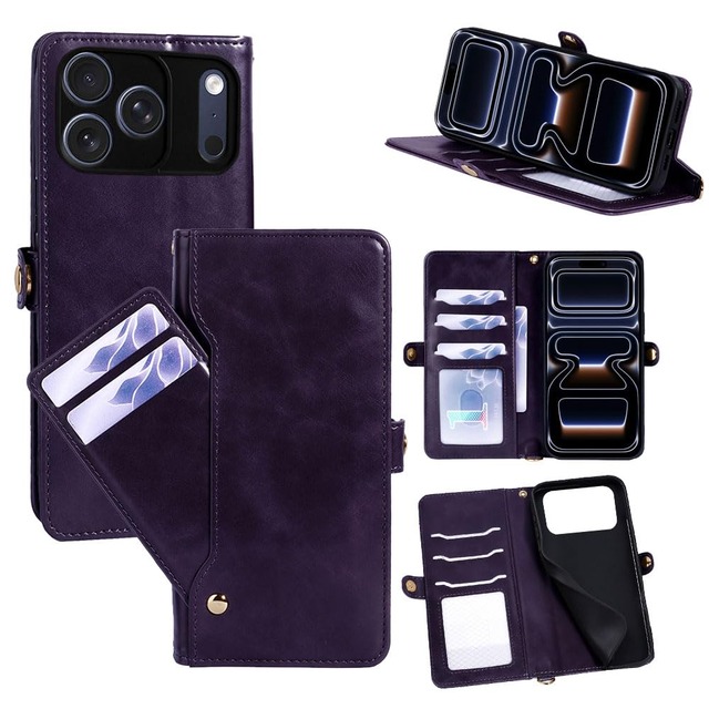 Cacheluna 手帳型 ケース for iPhone 18 Pro iPhone 17 Pro【引き出し式カードホルダー＆ショートストラップ付き】 スタンド機能 マグネットスナップ開閉 収納力 オイルワックス調PUレザー しっとり肌触り パープル