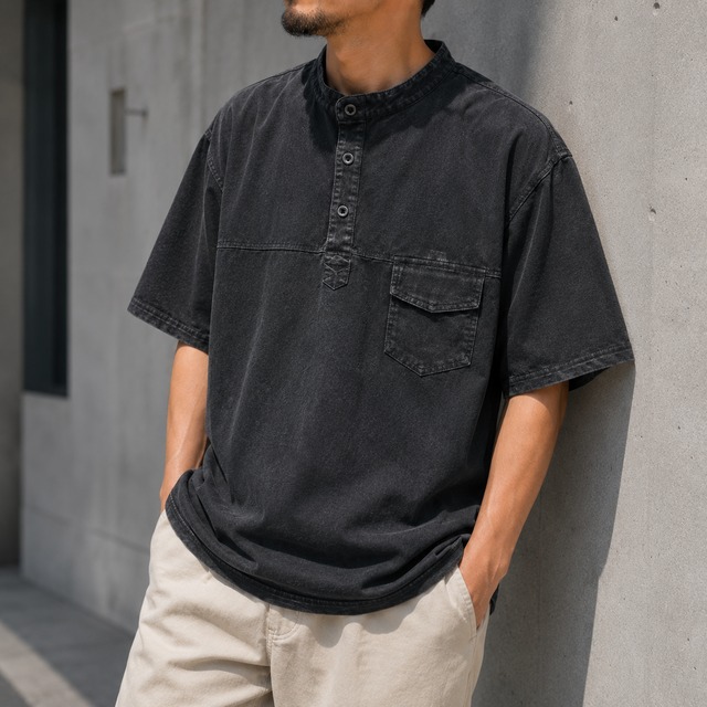 【H0131】Band Collar Pocket Short-Sleeve Shirt / 3color