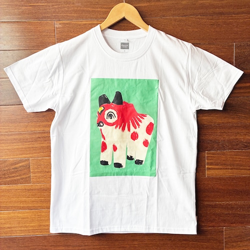 張り子Tシャツ　ウシ　ホワイト×グリーン（S）　CL007