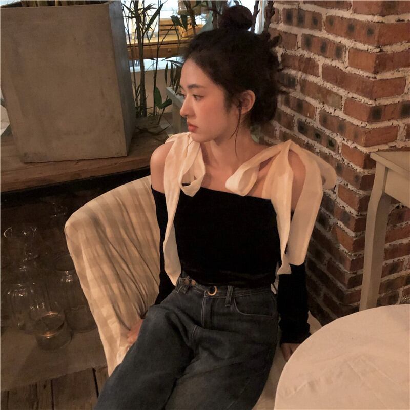 ベルベットTシャツ シャツ サマーショートブラックトップス ロング リボン 夏物 ブラックストロベリース78981014057