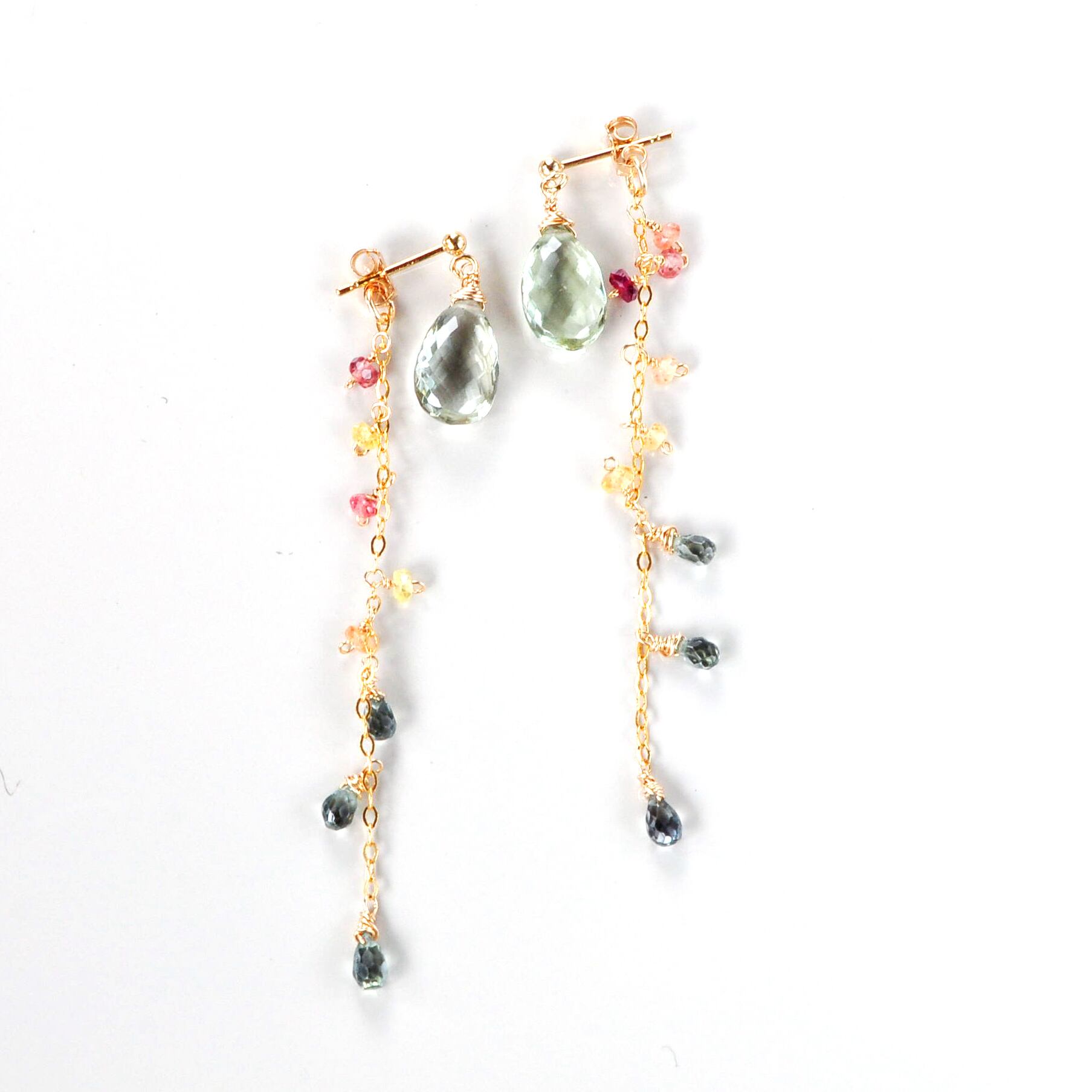 14kgf/極上カットプラジオライト(グリーンアメジスト)xグリーンサファイア飾りキャッチ2WAYピアス