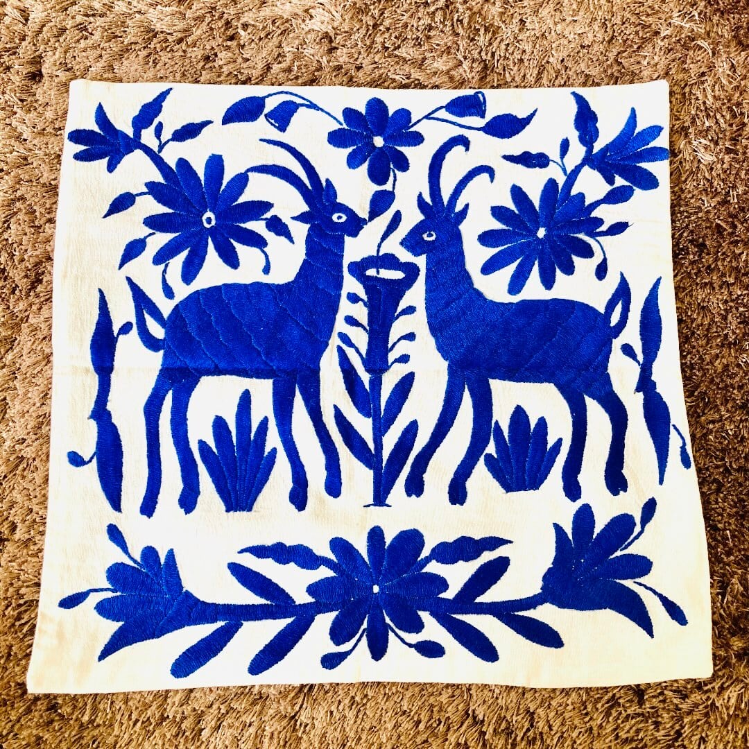 クッションカバー オトミ刺繍 ブルー系 動物 植物 花 メキシコ雑貨